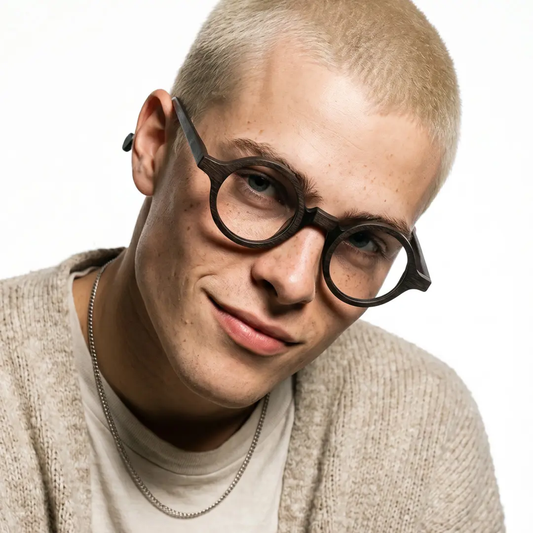 Tilted head view of male wearing vintage brown round eyeglasses, neutral expression, RA0572302