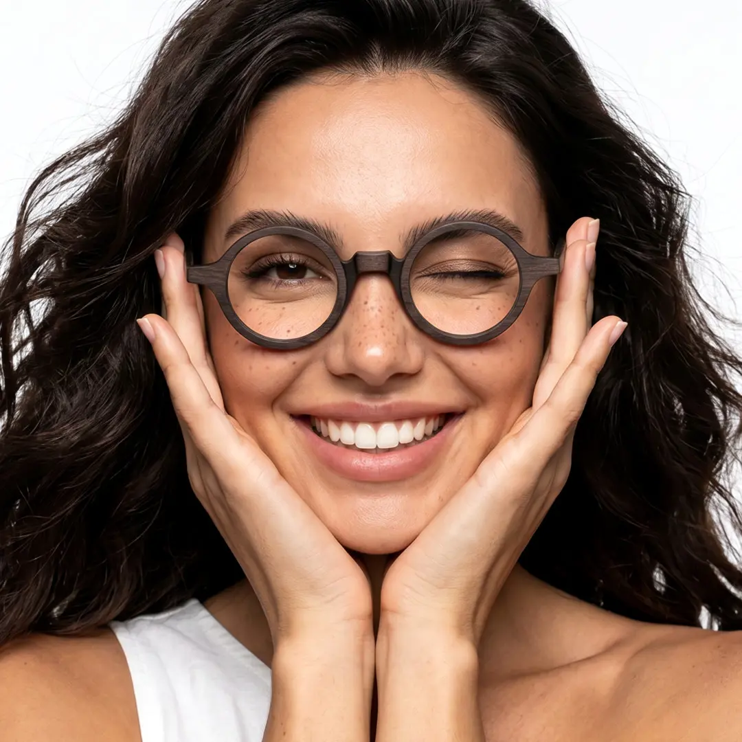 Female wearing vintage brown round acetate eyeglasses, smiling. SPU: RA0572302