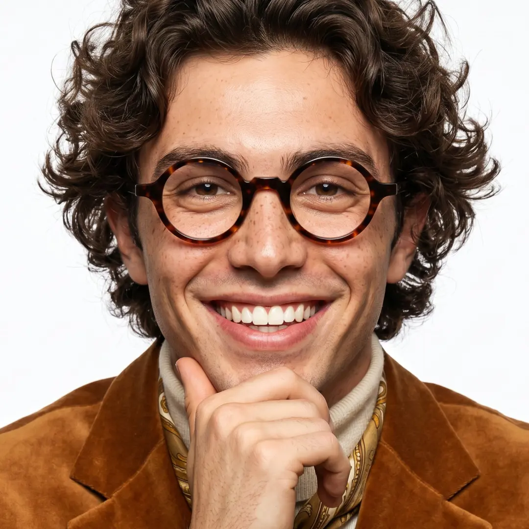 Male wearing vintage tortoise round acetate eyeglasses, smiling while resting chin on hand. SPU: RA0572302