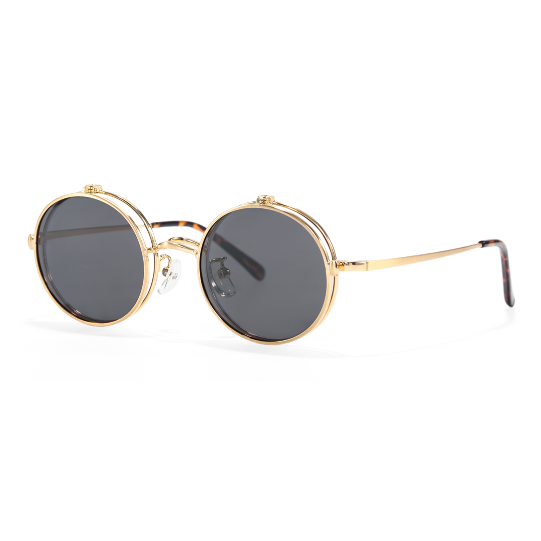 Angle view of Noe round metal flip-up eyeglasses RM0042601 in gold