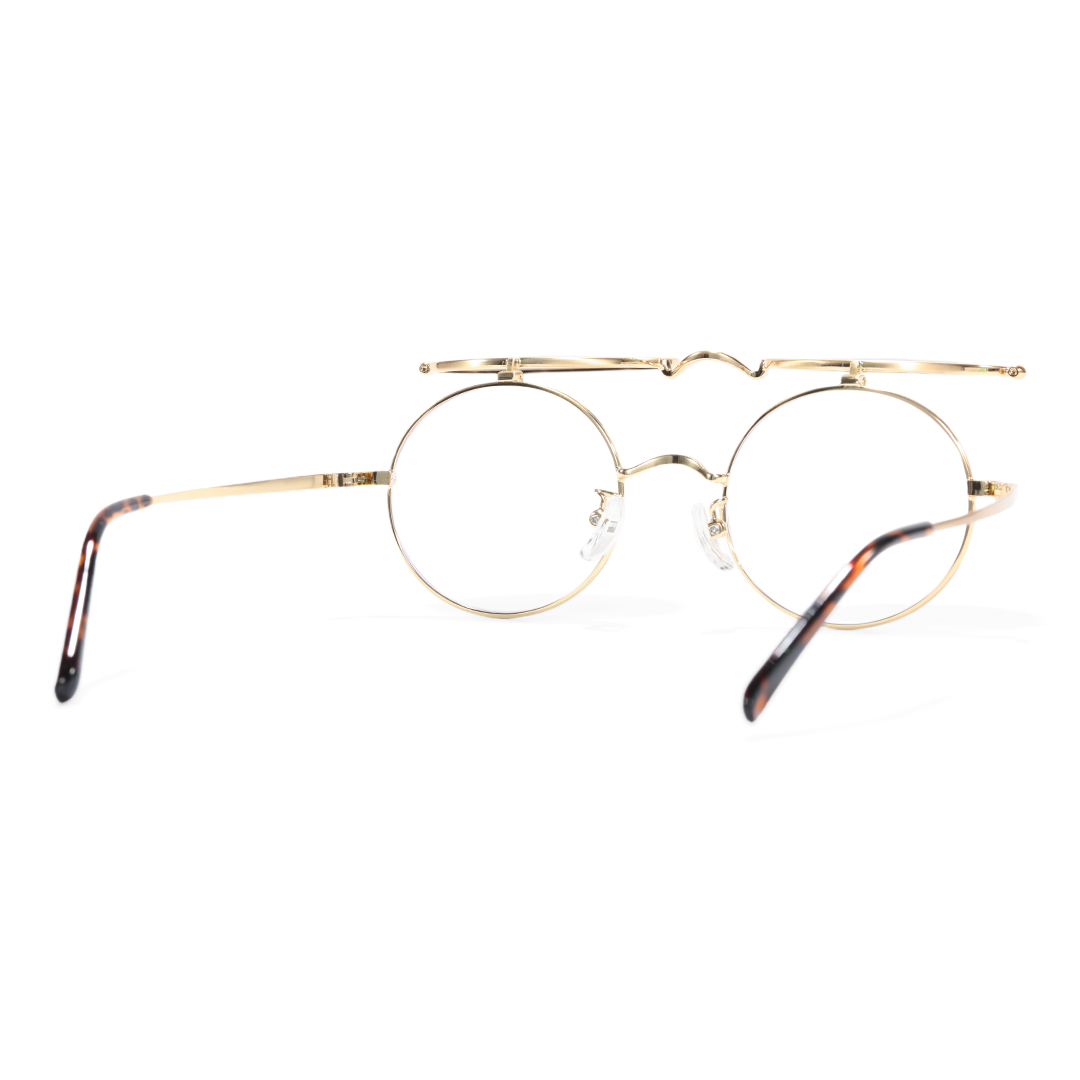 Back view of Noe round metal flip-up eyeglasses RM0042601 in gold
