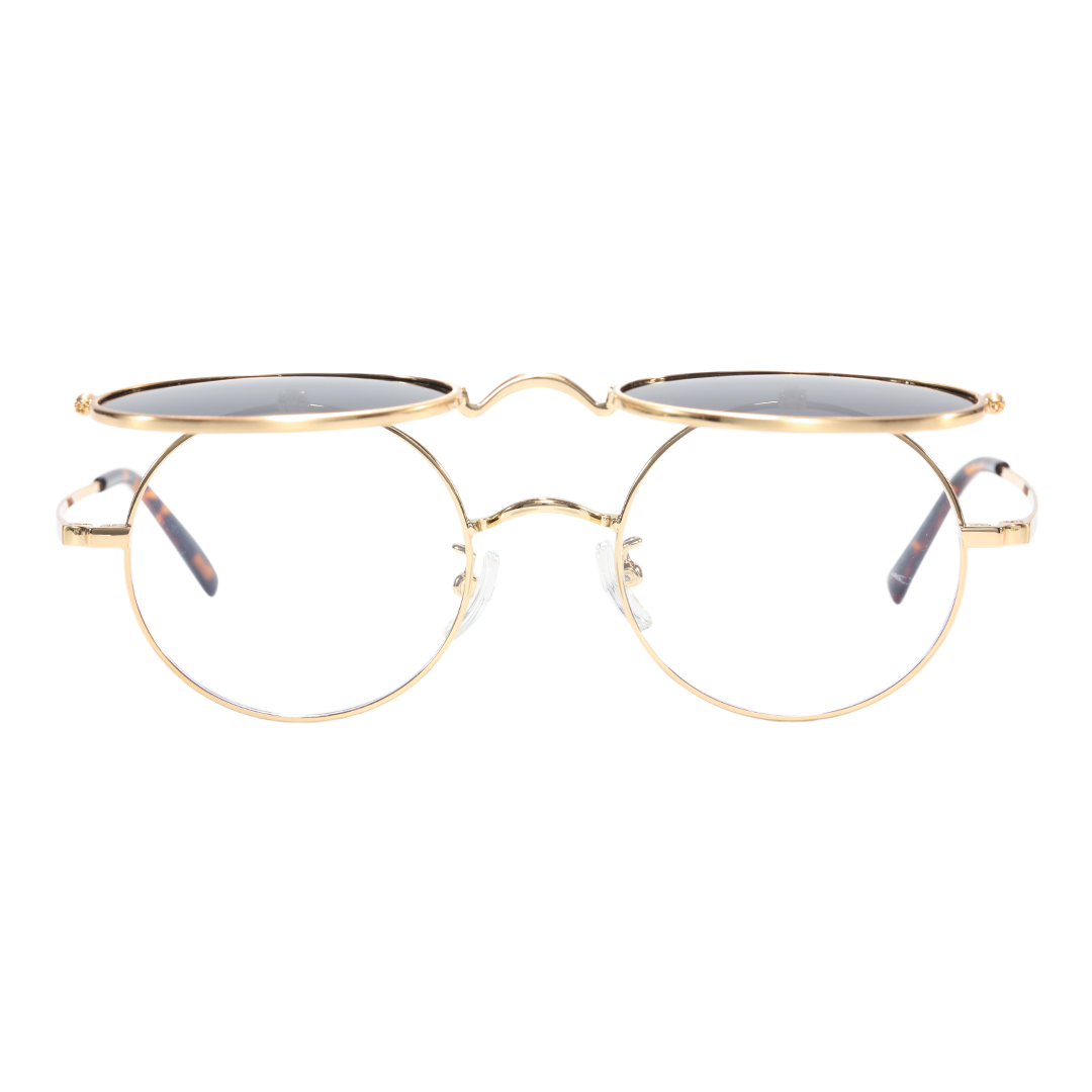Craftsmanship process detail of Noe round metal flip-up eyeglasses RM0042601 in gold