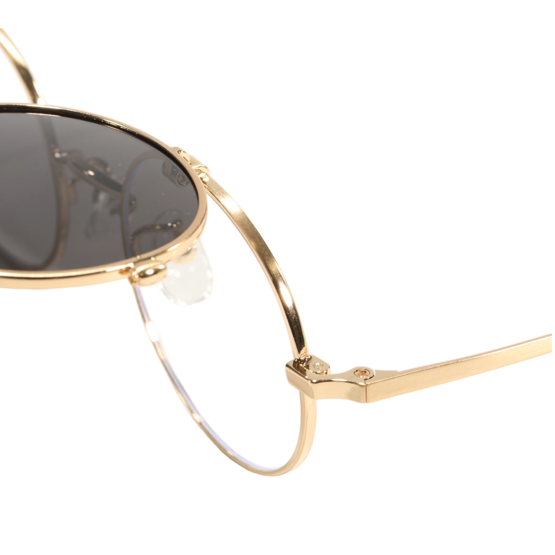 End piece detail of Noe round metal flip-up eyeglasses RM0042601 in gold