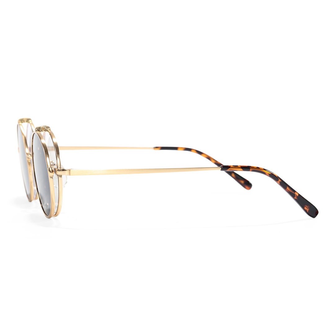 Side view of Noe round metal flip-up eyeglasses RM0042601 in gold