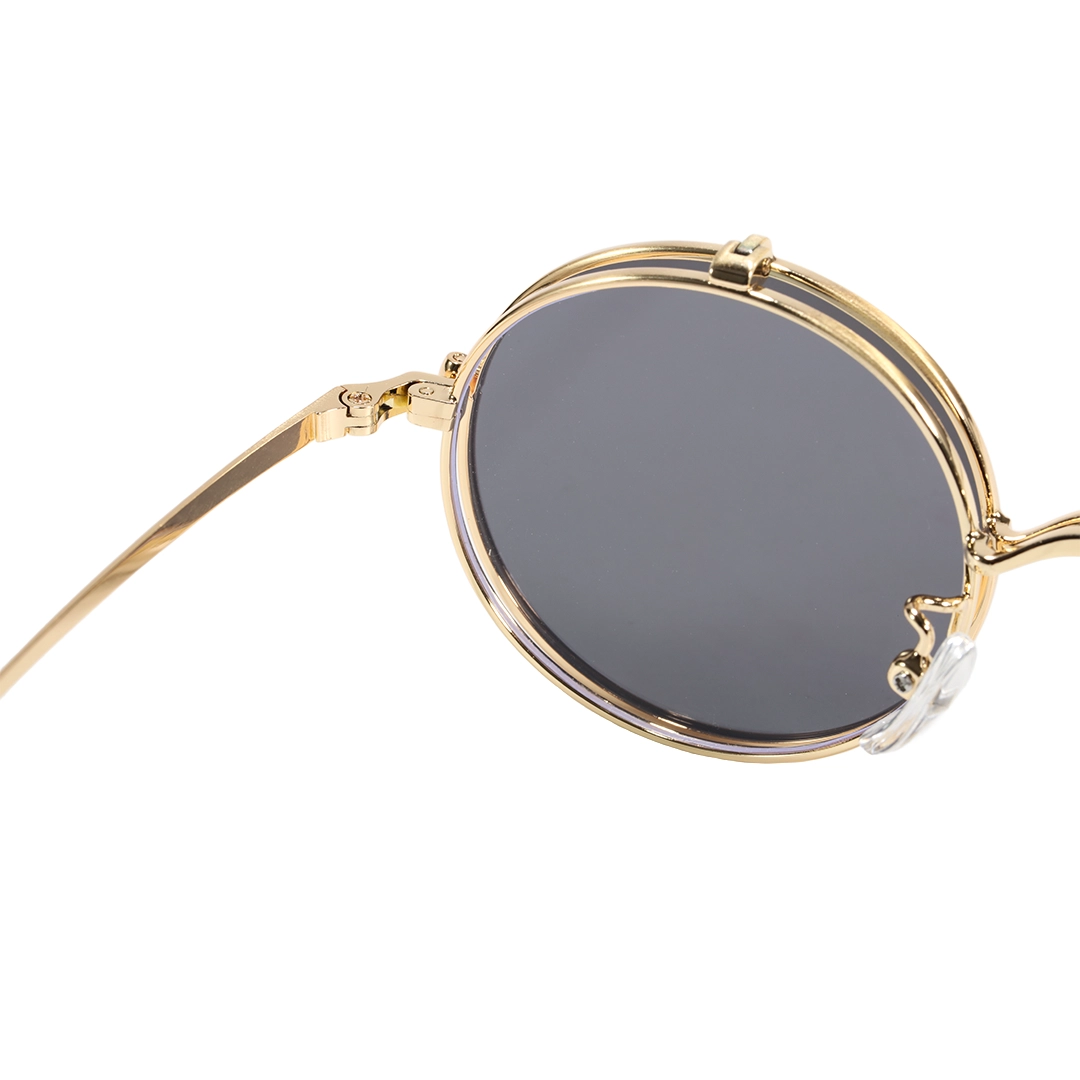 Spring hinge detail of Noe round metal flip-up eyeglasses RM0042601 in gold