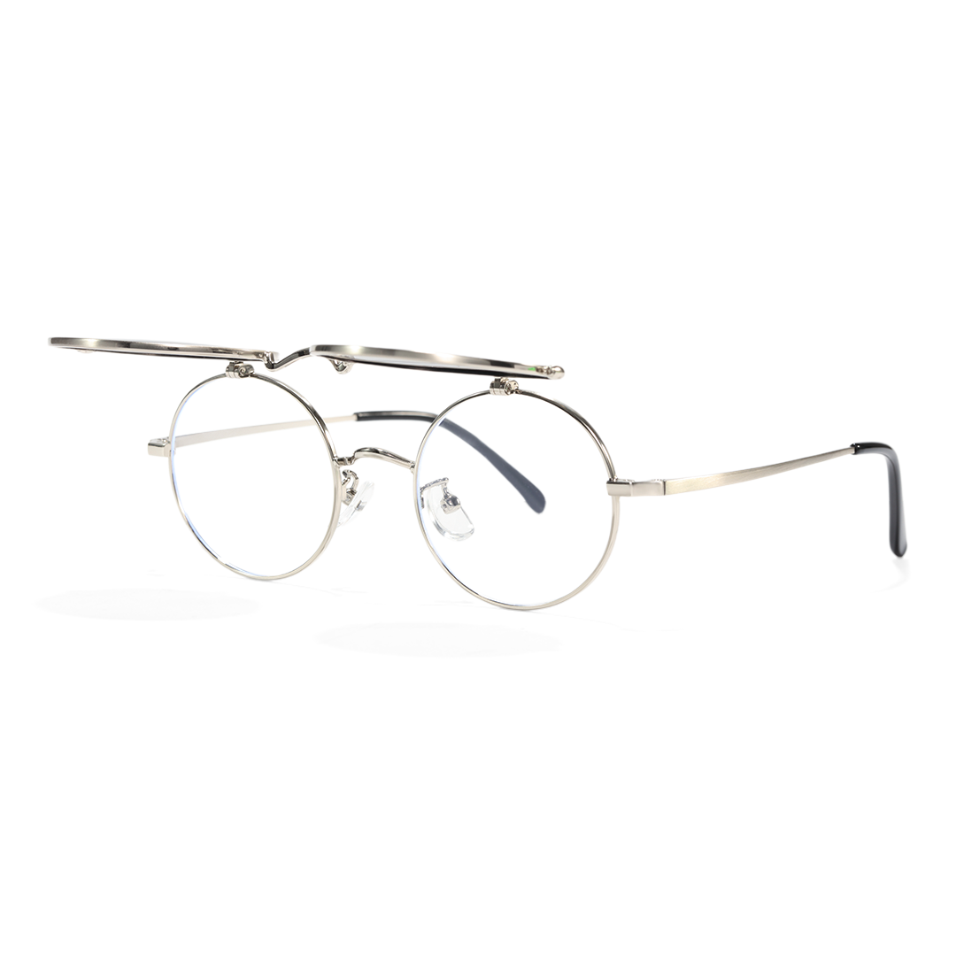 Angle view of Noe round metal flip-up eyeglasses RM0042601 in silver
