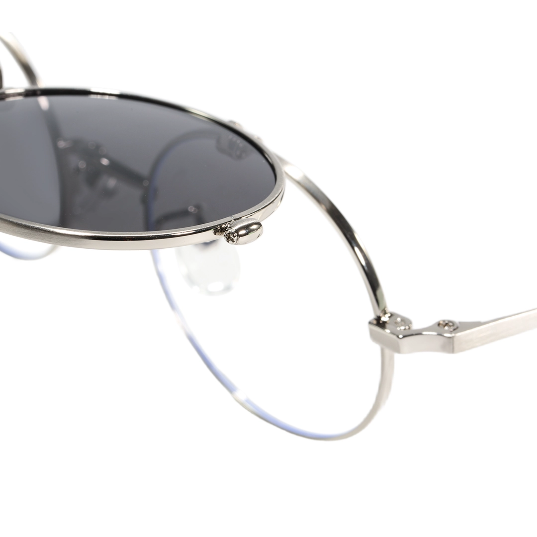End piece detail of Noe round metal flip-up eyeglasses RM0042601 in silver