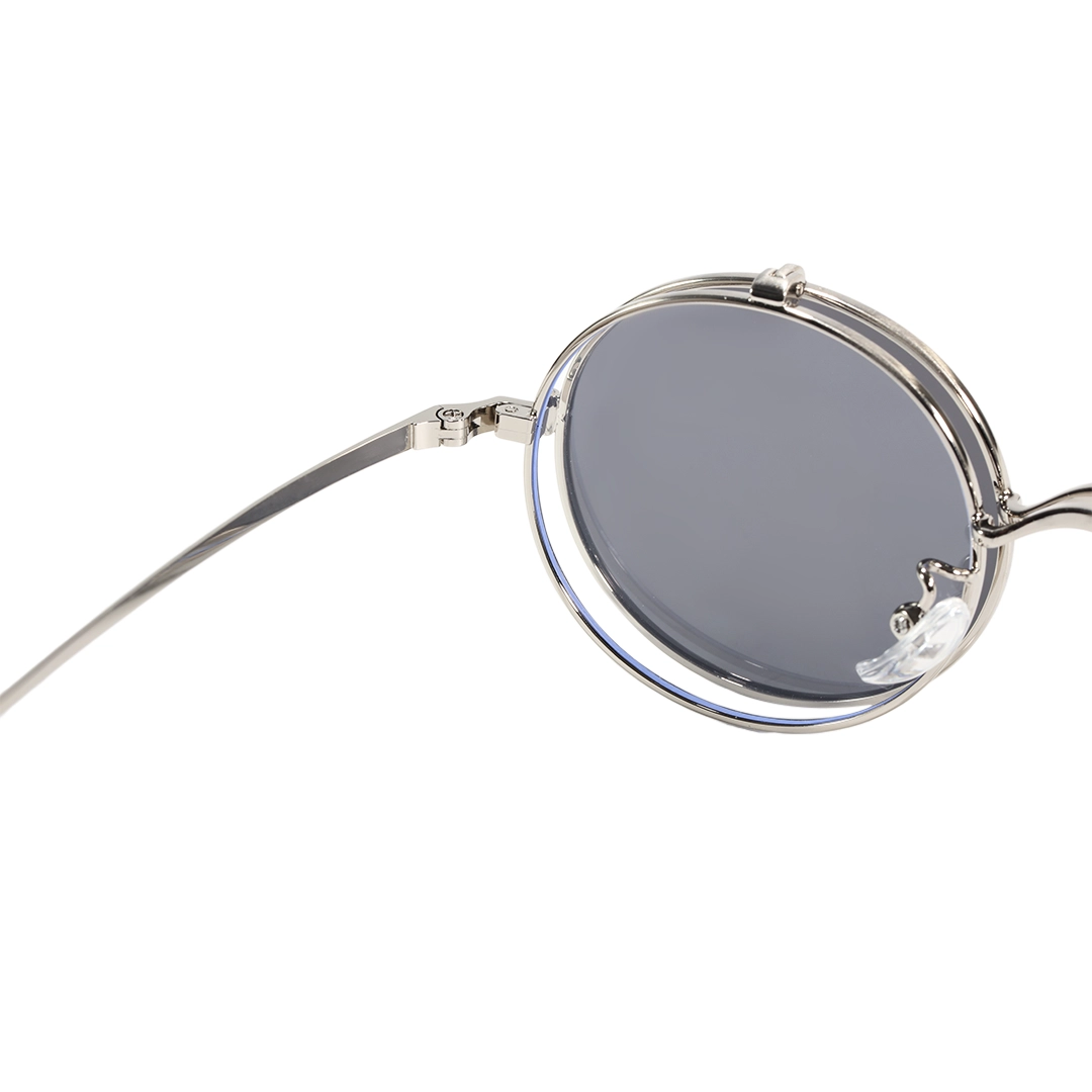 Hinge detail of Noe round metal flip-up eyeglasses RM0042601 in silver