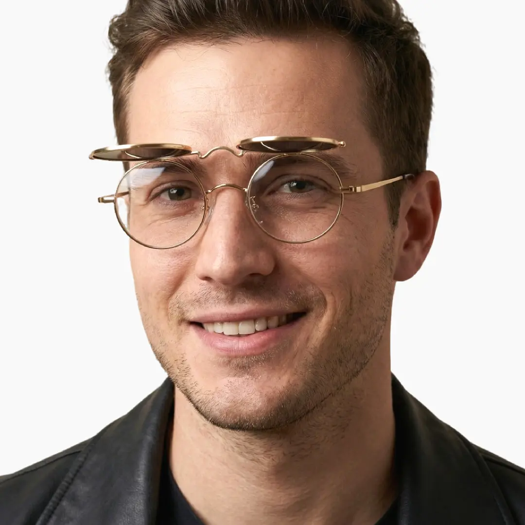 Front view of male wearing silver round flip-up eyeglasses, soft smile, RM0042601