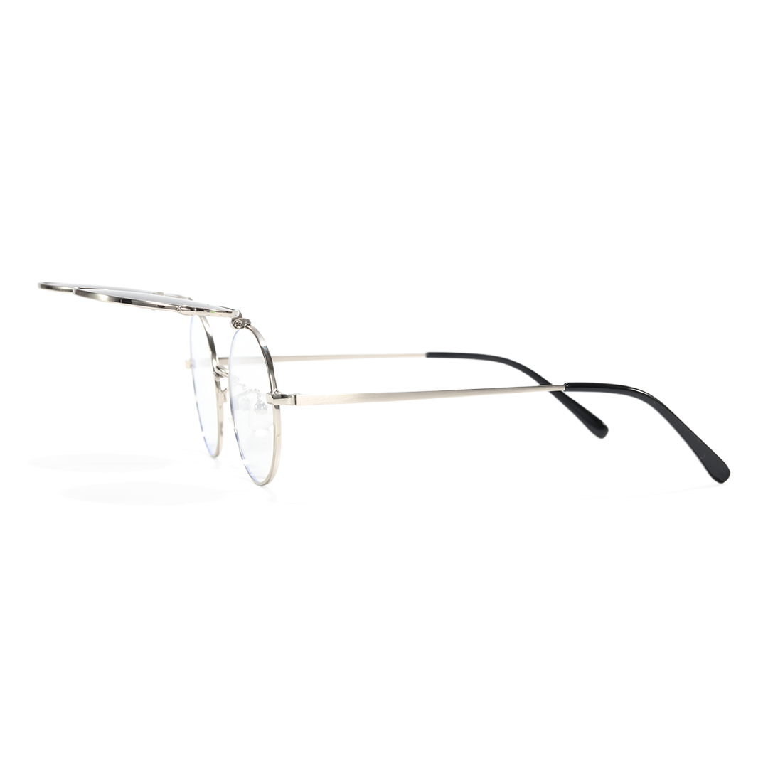 Side view of Noe round metal flip-up eyeglasses RM0042601 in silver