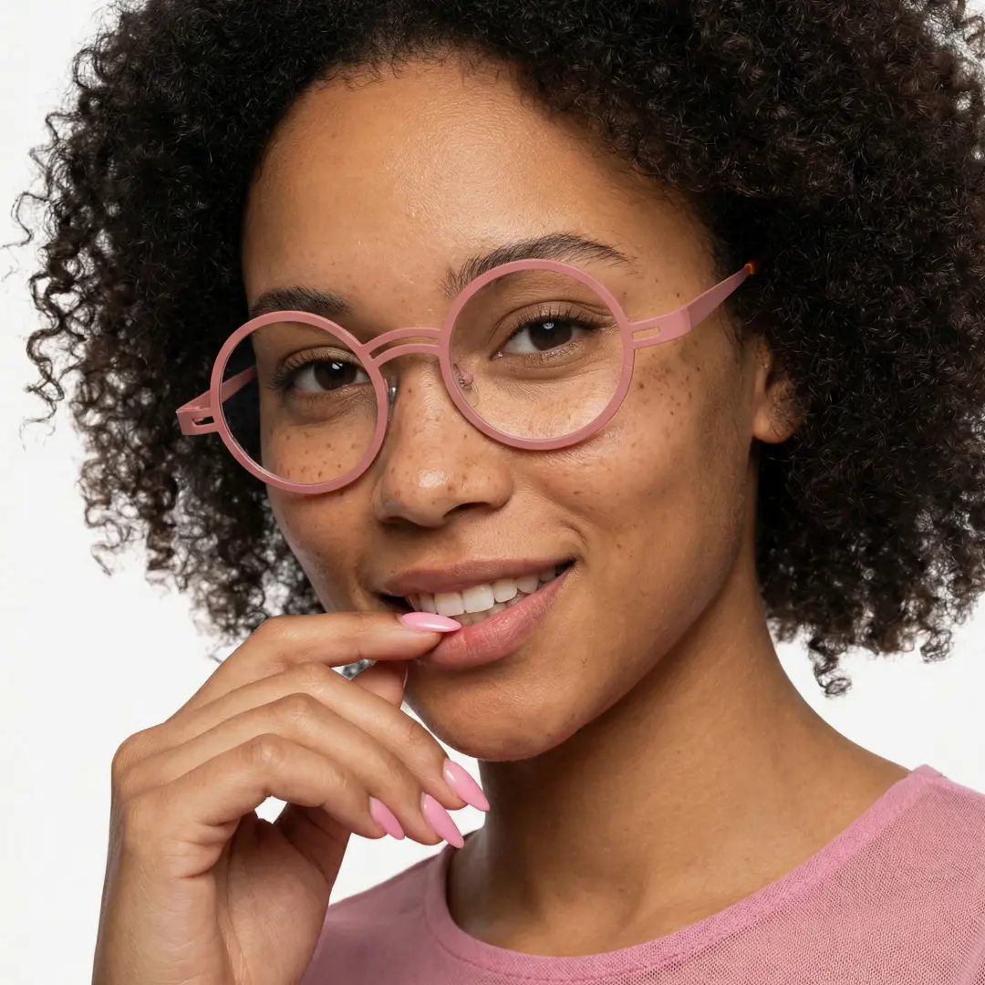 Tilted head view of female wearing pink round eyeglasses, finger touching lips, neutral expression, RM0052406