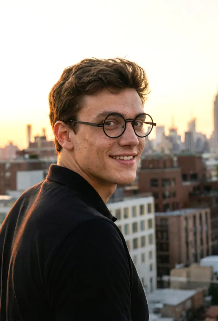 Male model wearing vintage black round metal eyeglasses on a rooftop at sunset. SPU: RM0052406