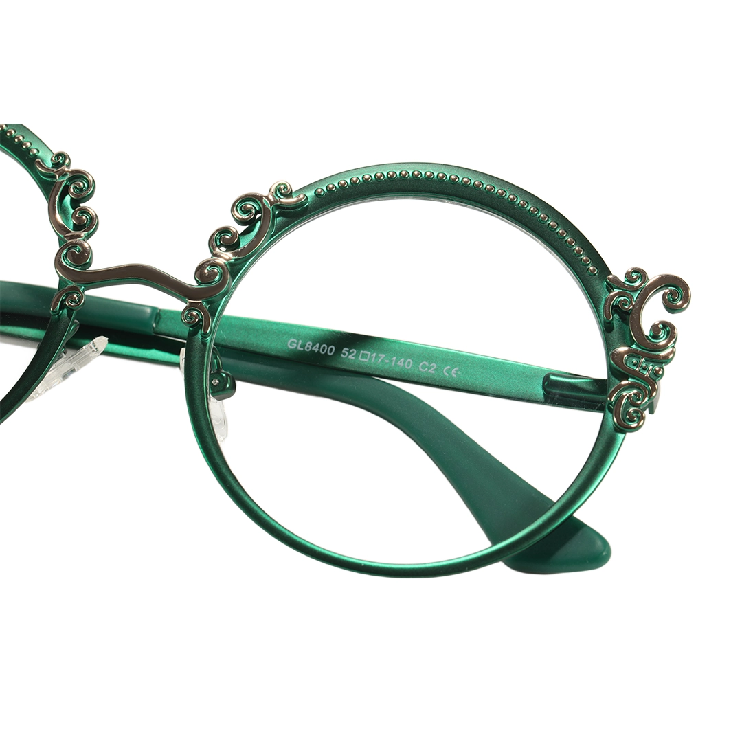 Frame detail view of Camilla vintage round metal eyeglasses RM0072601 in green