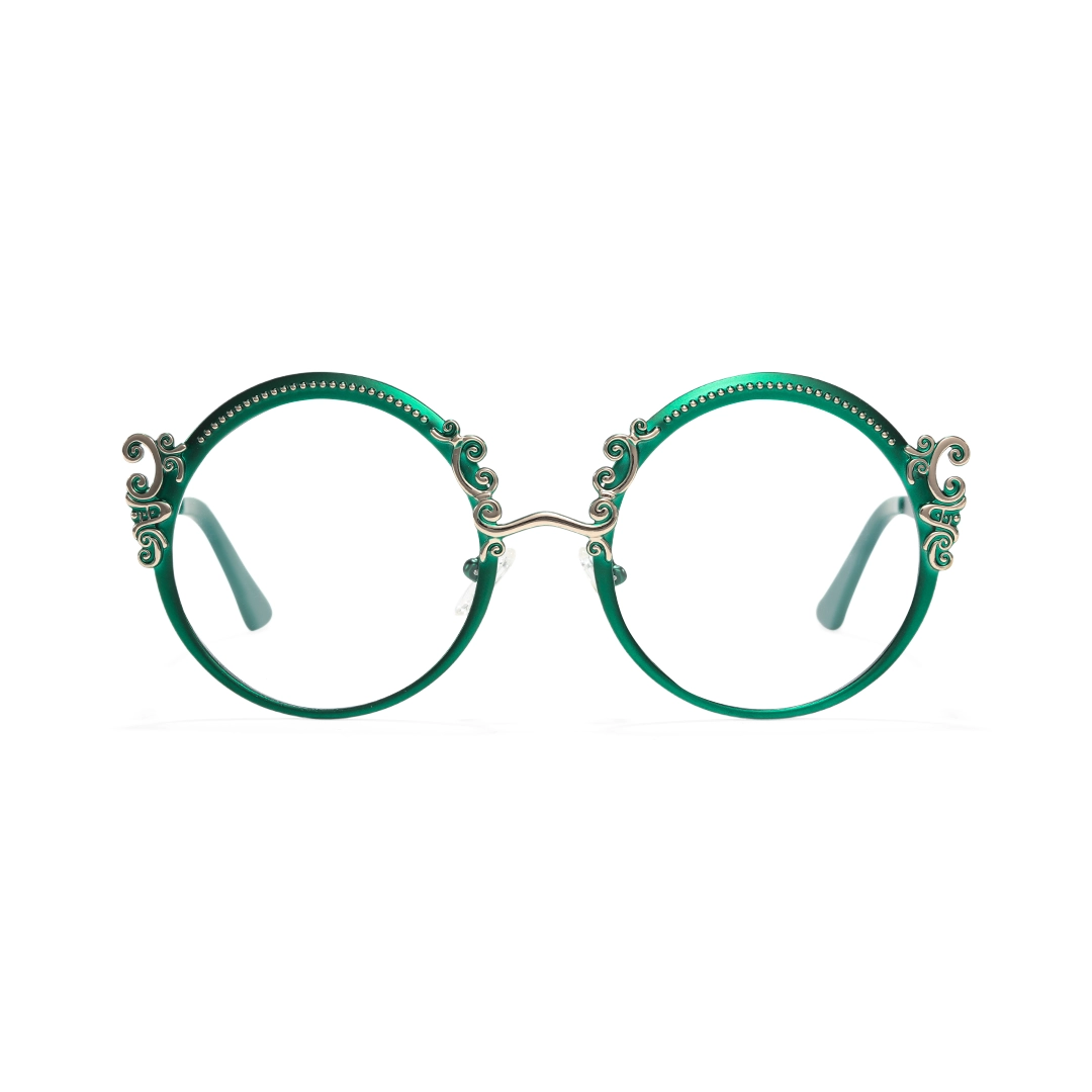 Front view of Camilla vintage round metal eyeglasses RM0072601 in green