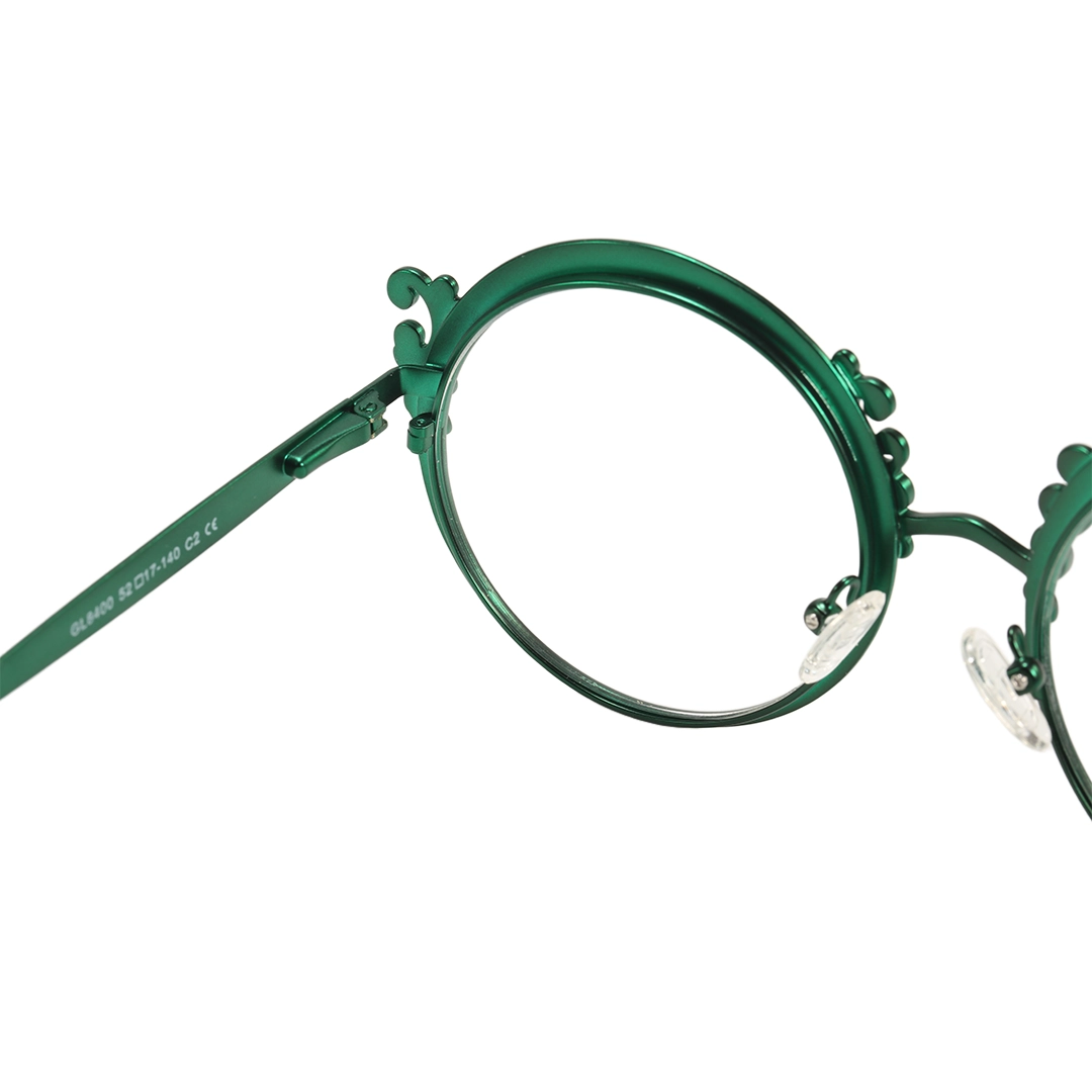 Hinge detail of Camilla vintage round metal eyeglasses RM0072601 in green