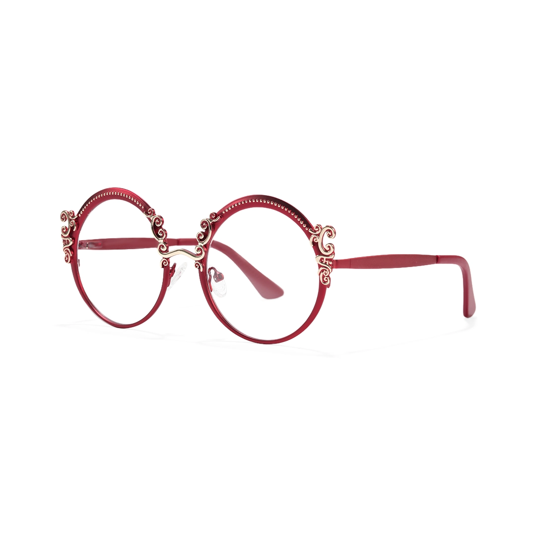 Angle view of Camilla vintage round metal eyeglasses RM0072601 in red