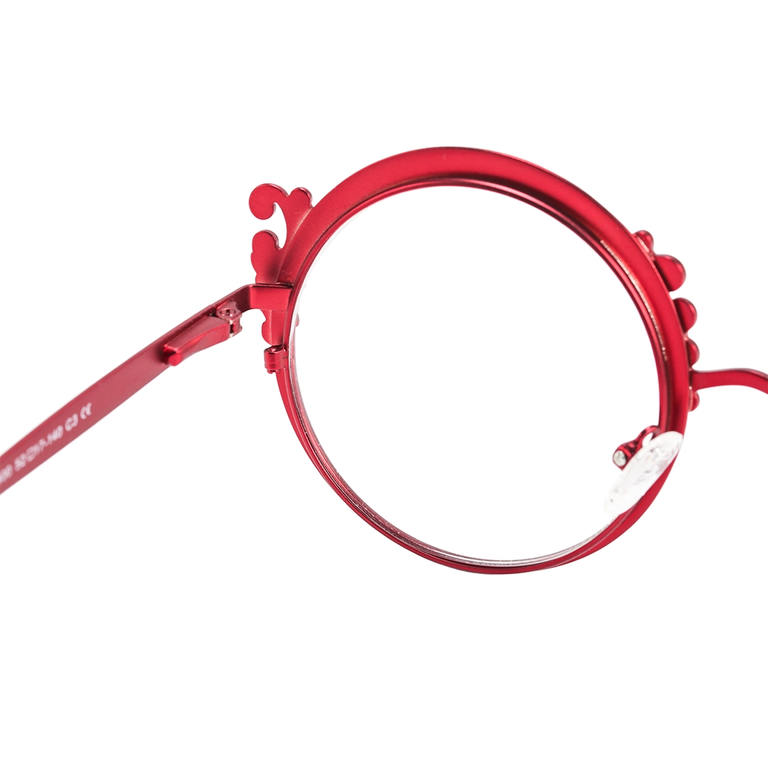 Hinge detail of Camilla vintage round metal eyeglasses RM0072601 in red