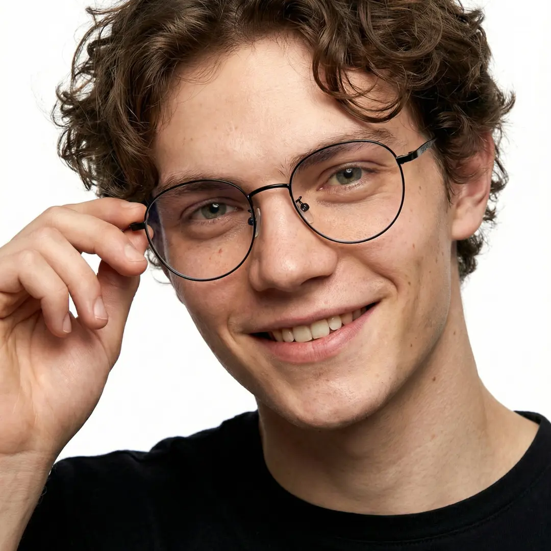 Tilted head view of male wearing black round eyeglasses, holding glasses, natural smile, RM0082209