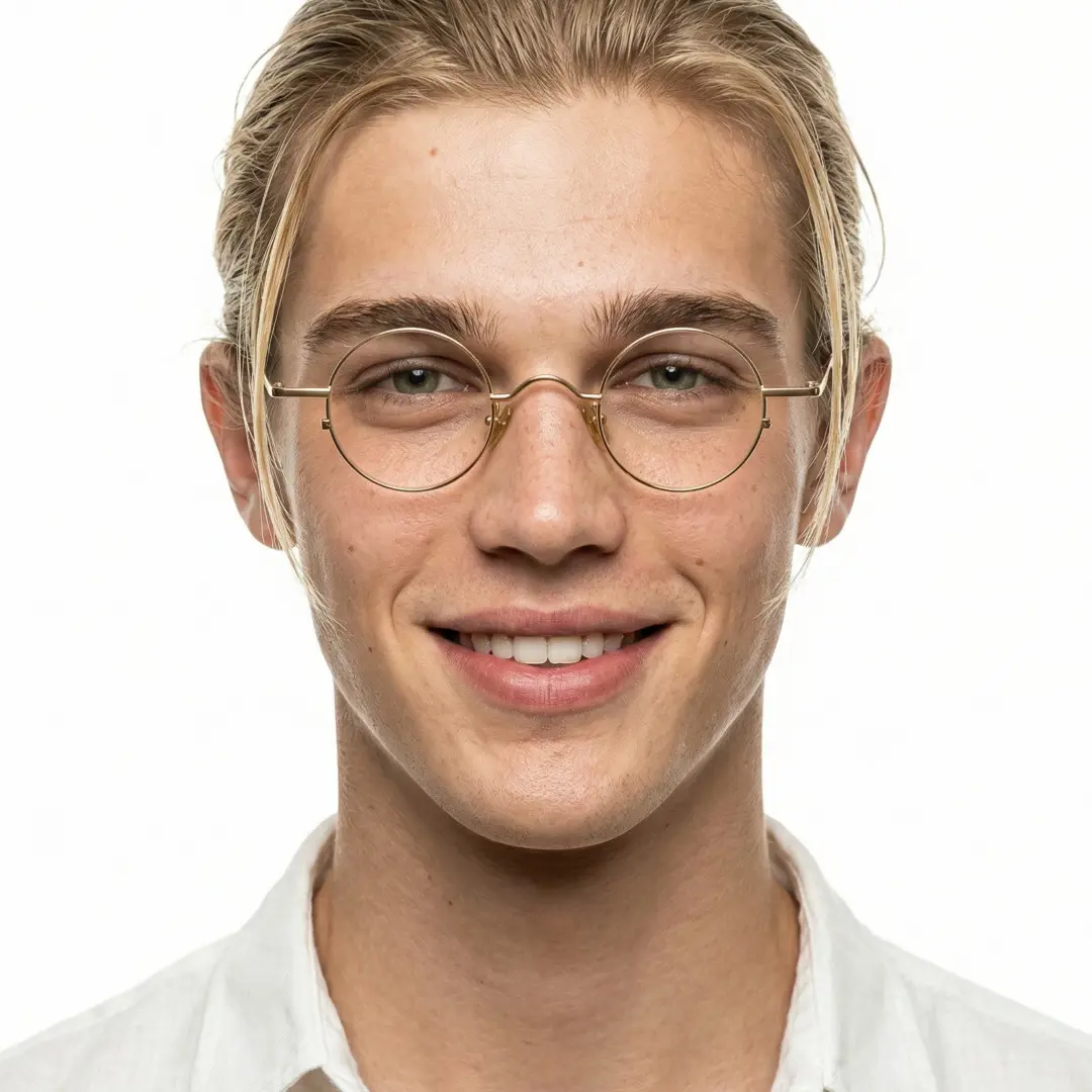 Portrait view of male wearing gold round eyeglasses, friendly smile, RM0082308
