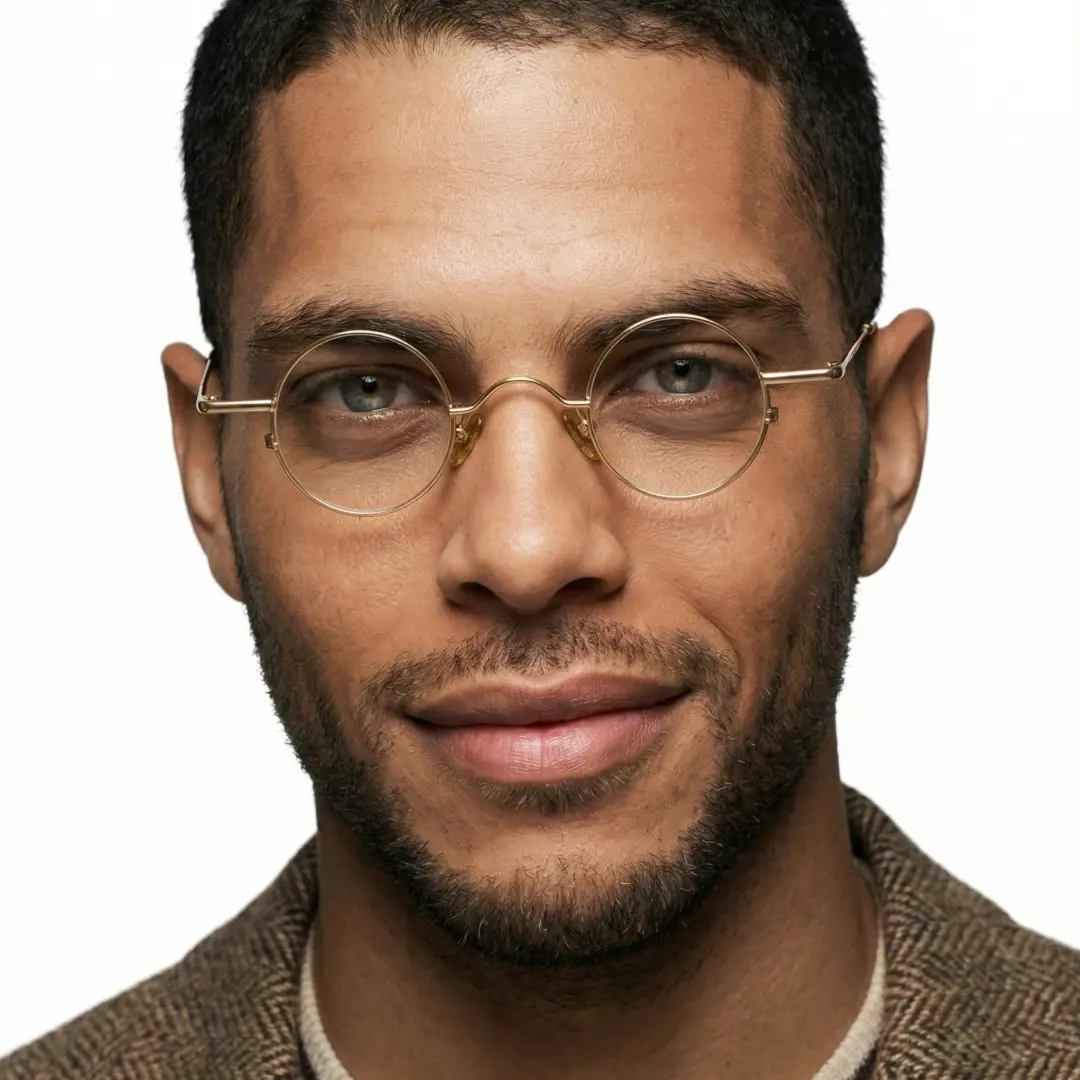 Front view of male wearing gold round eyeglasses, neutral expression, RM0082308