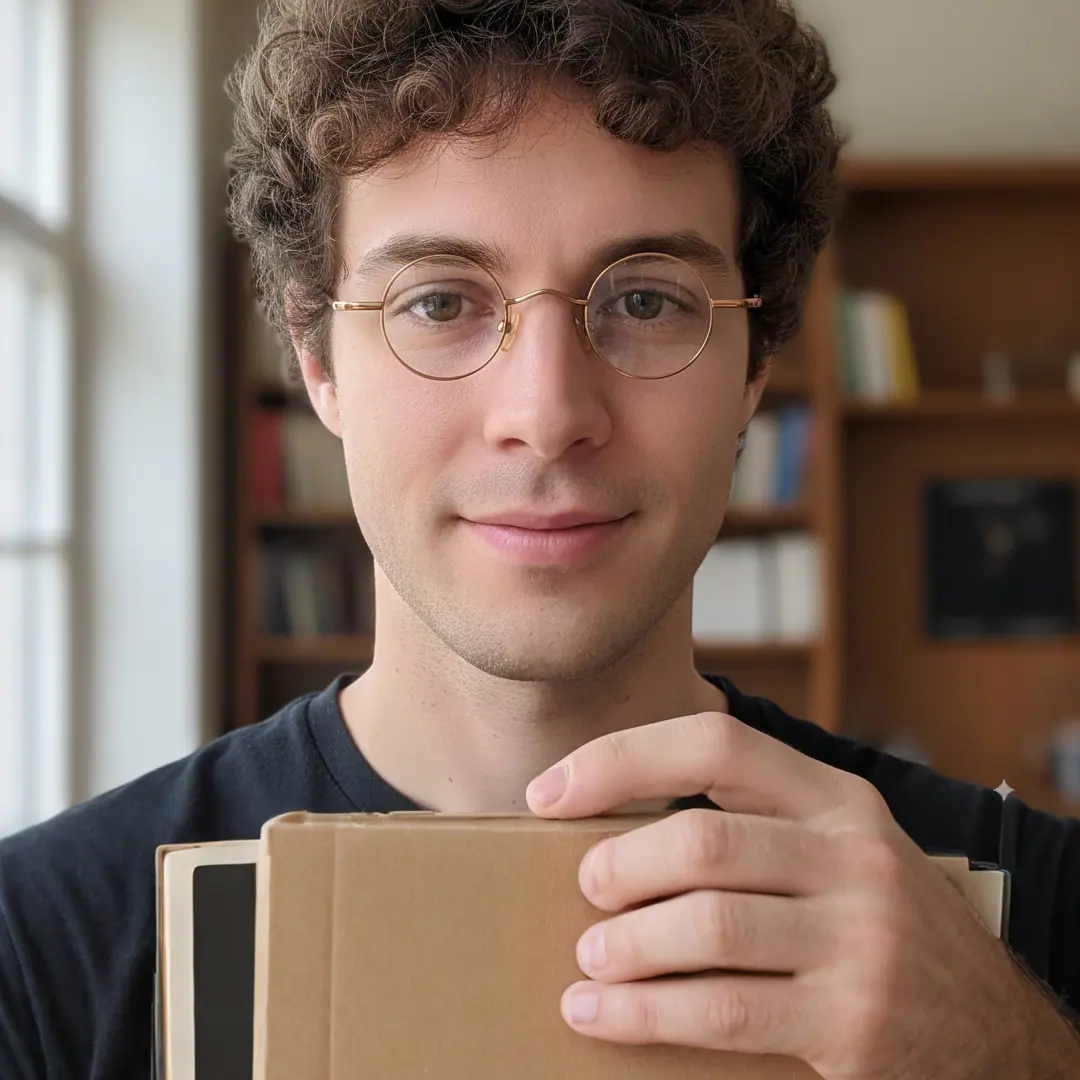 Close-up view of male wearing gold round eyeglasses, soft smile, RM0082308