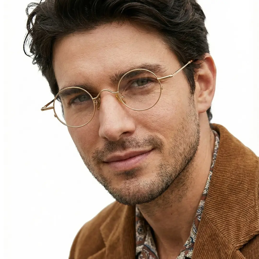 Close-up view of male wearing john lennon gold round eyeglasses, natural smile, RM0082308