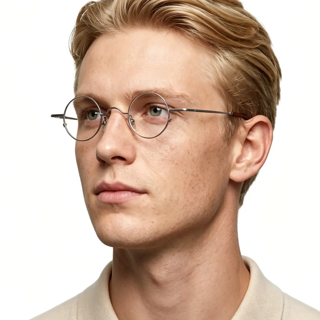 Three-quarter view of male wearing vintage silver round eyeglasses, thoughtful expression, RM0082308