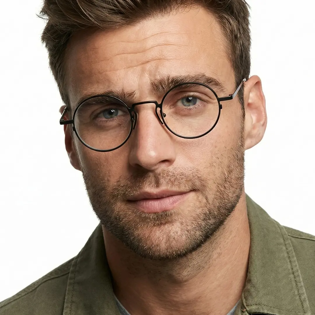 Front view of male wearing black round eyeglasses, neutral expression, RM0102407