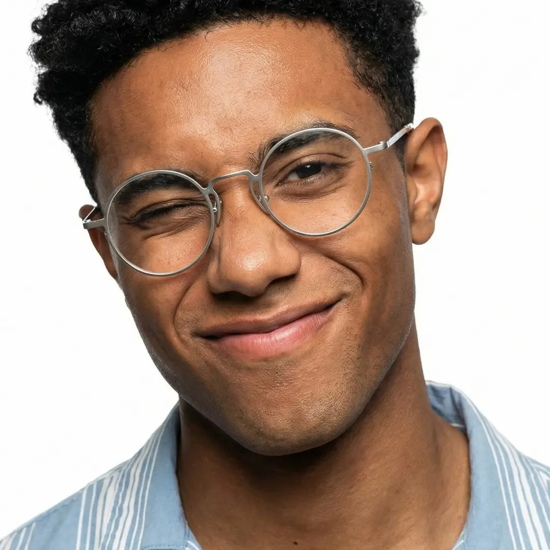 Face close-up view of male wearing john lennon silver round eyeglasses, smiling, RM0102407