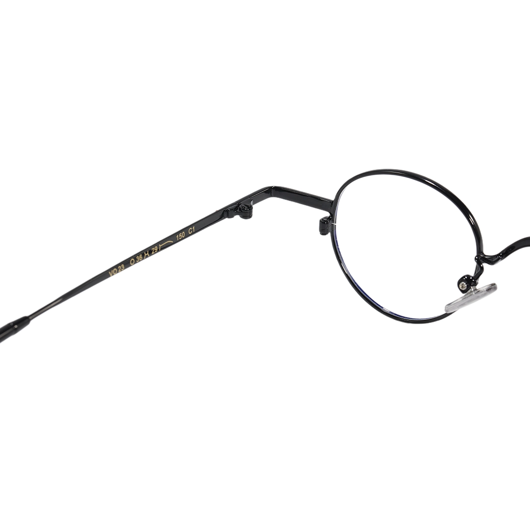 Hinge detail of Cory round metal eyeglasses RM0202601 in black