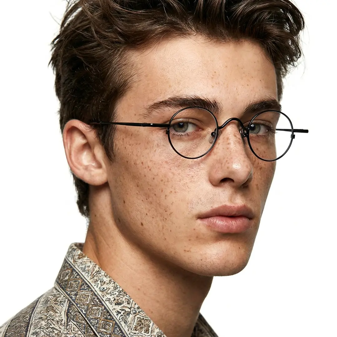 Profile view of male wearing john lennon black round eyeglasses, neutral expression, RM0202601