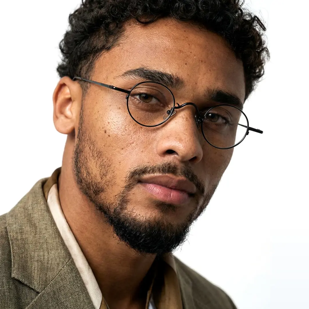 Front view of male wearing john lennon black round eyeglasses, Tilting head, neutral expression, RM0202601