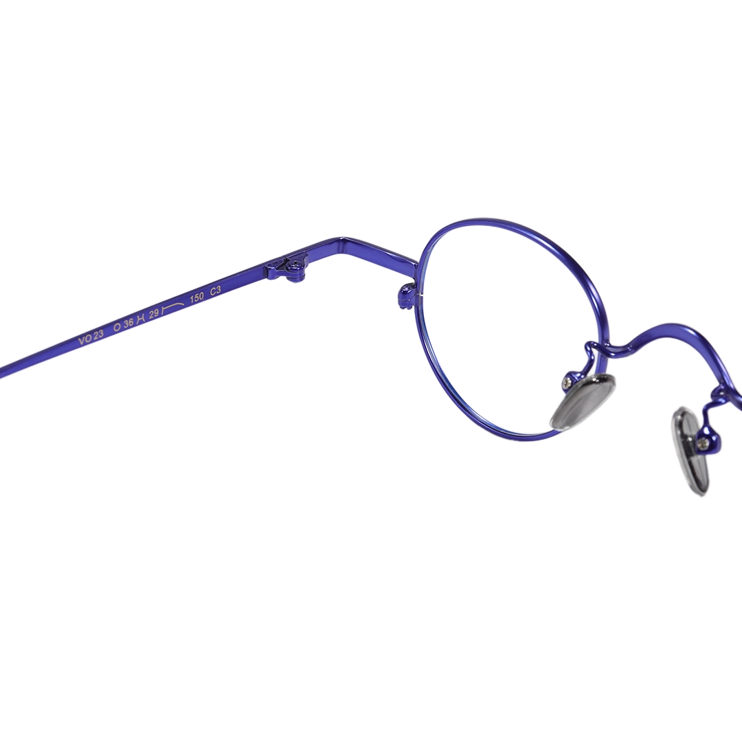 Hinge detail of Cory round metal eyeglasses RM0202601 in purple
