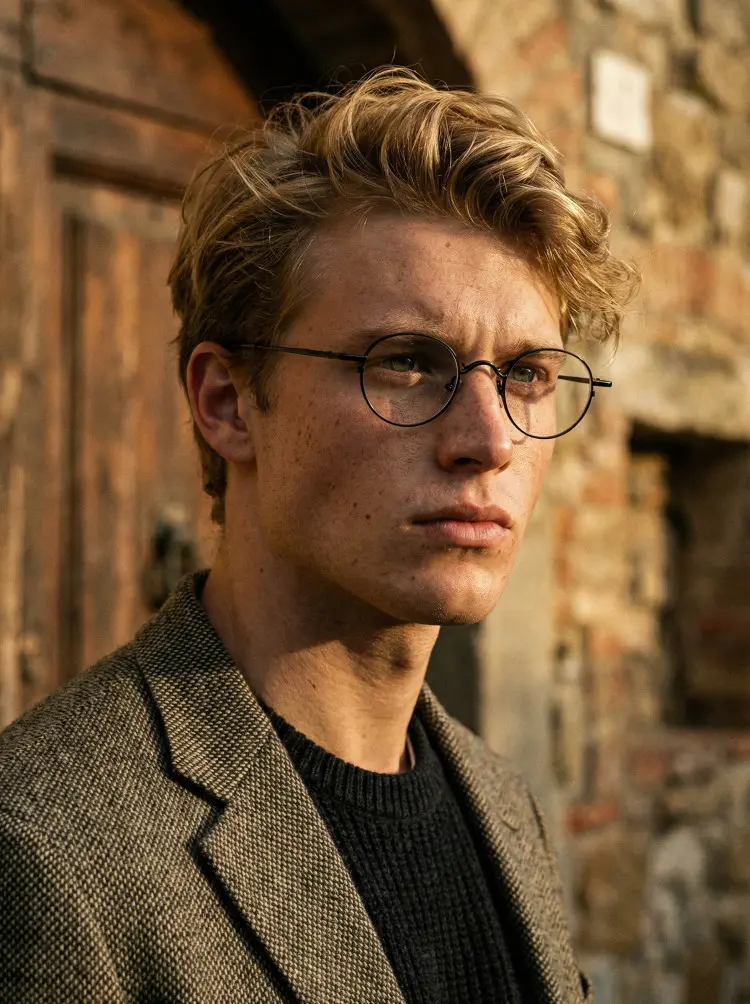 Male model wearing john lennon black round metal eyeglasses in a tweed jacket standing by an old stone building in the sunset light. SPU: RM0202601