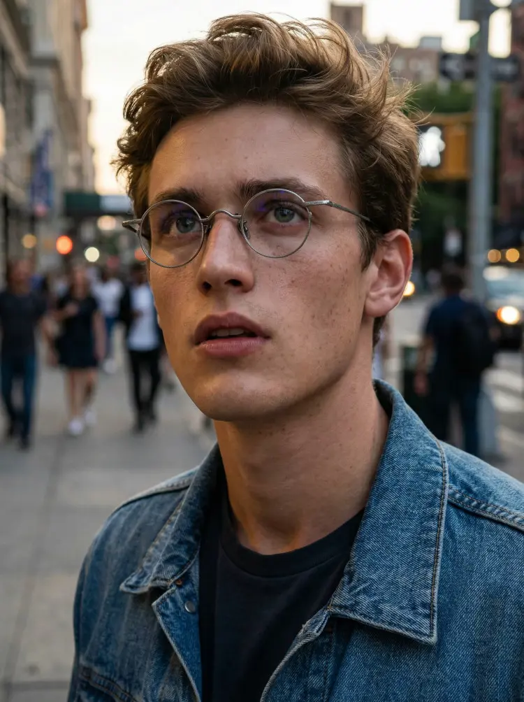 Male model wearing vintage silver round metal eyeglasses in a blue denim jacket standing on a busy city street. SPU: RM0242601