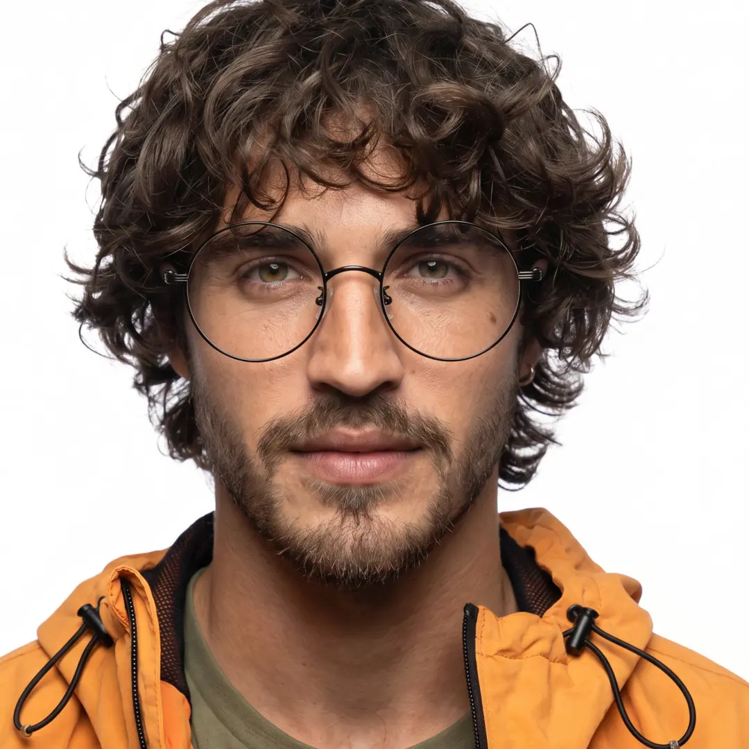 Front view of male wearing vintage black brown round eyeglasses, natural expression, RM0302407