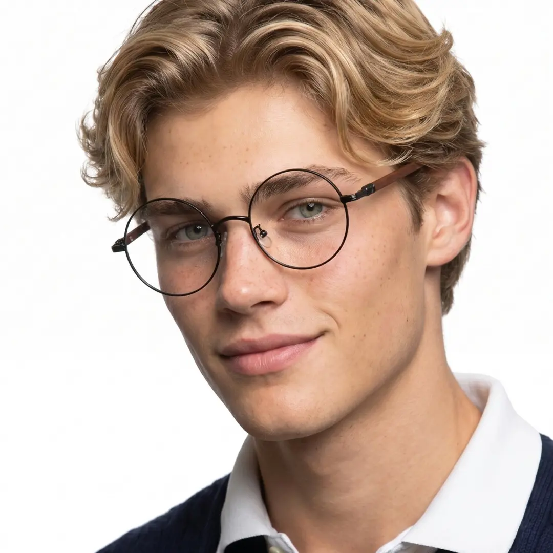Front view of male wearing vintage black brown round eyeglasses, tilting head, soft smile, RM0302407