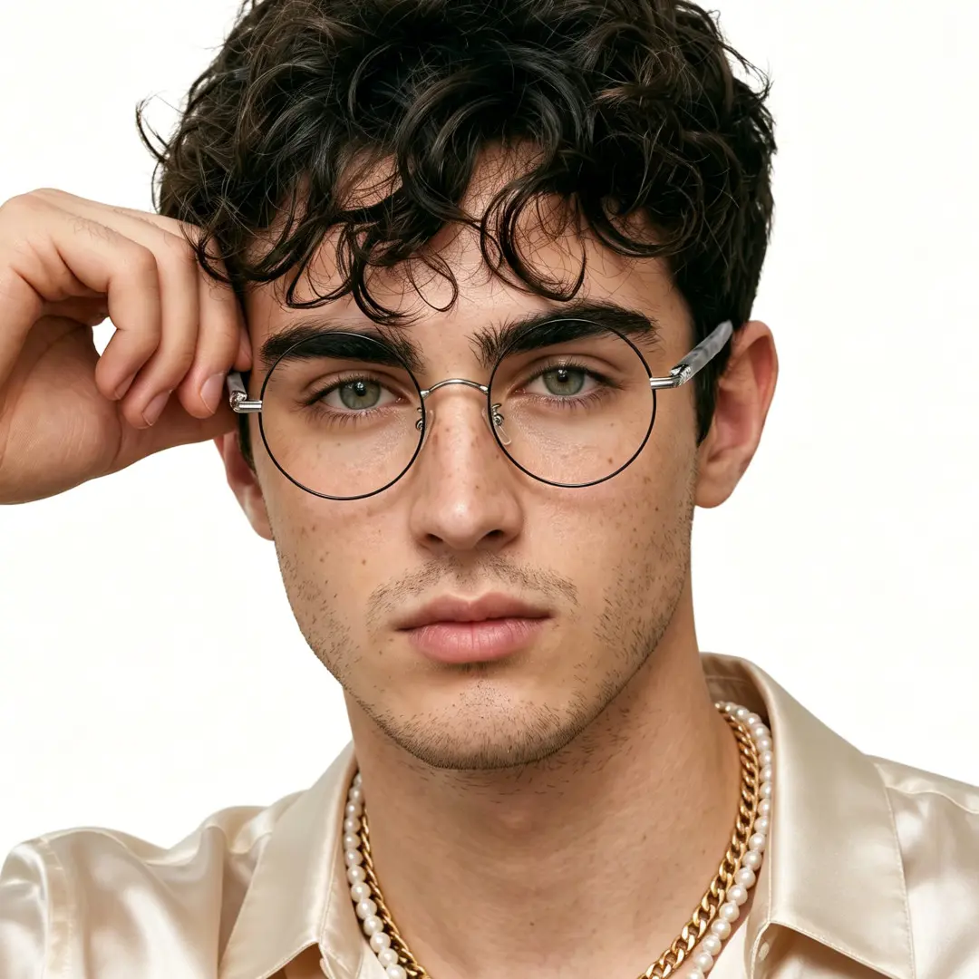 Front view of male wearing vintage black round eyeglasses, neutral expression, RM0302407