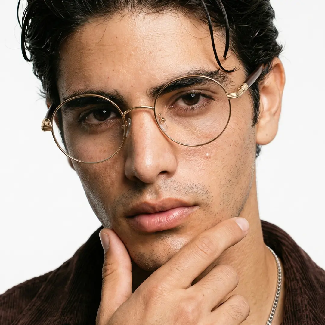 Front view of male wearing vintage gold round eyeglasses, resting chin on hand, neutral expression, RM0302407