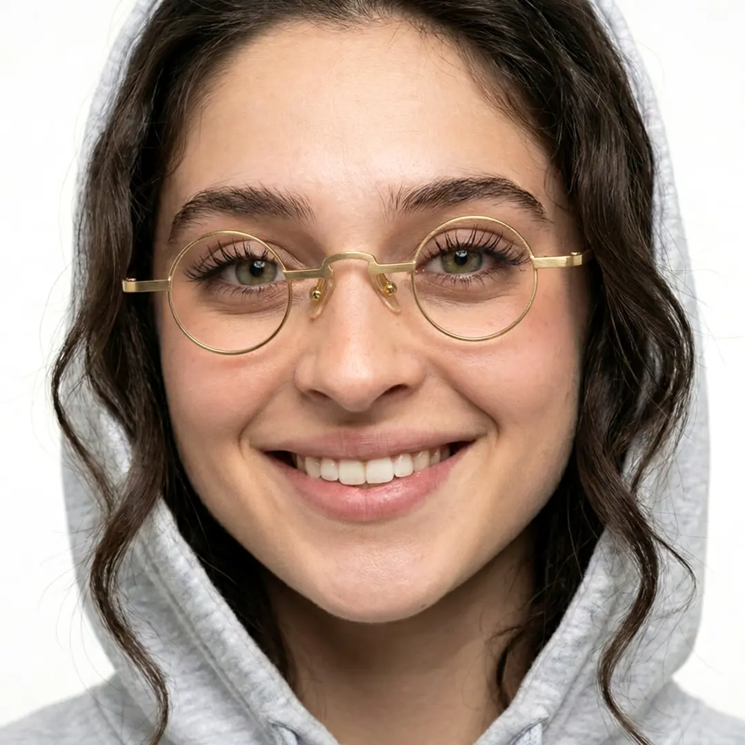 Front view of female wearing john lennon gold round eyeglasses, smiling, RM0312412