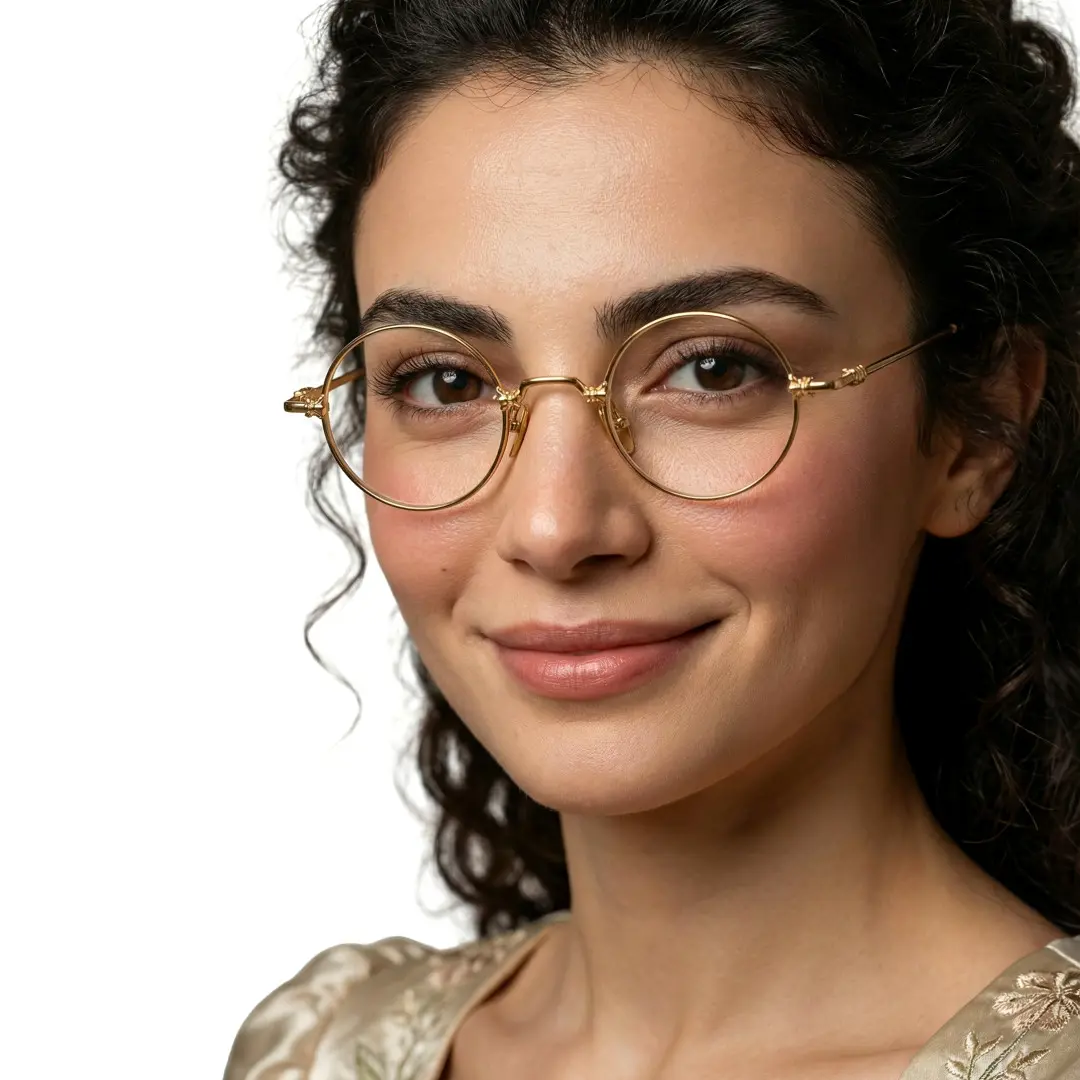Slightly angled view of female wearing gold round eyeglasses, soft smile, RM0352505