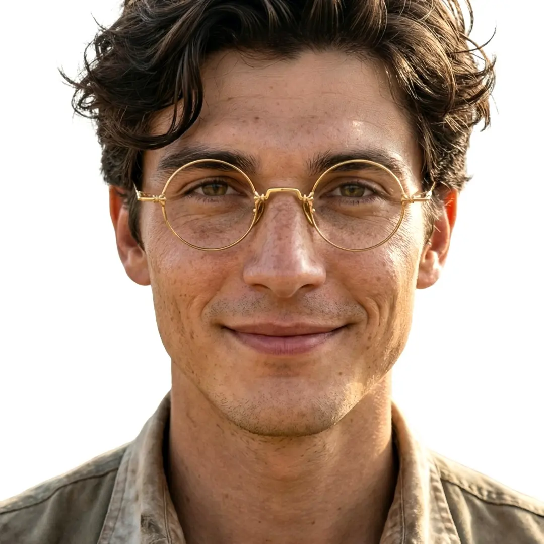 Front view of male wearing john lennon gold round eyeglasses, natural expression, RM0352505