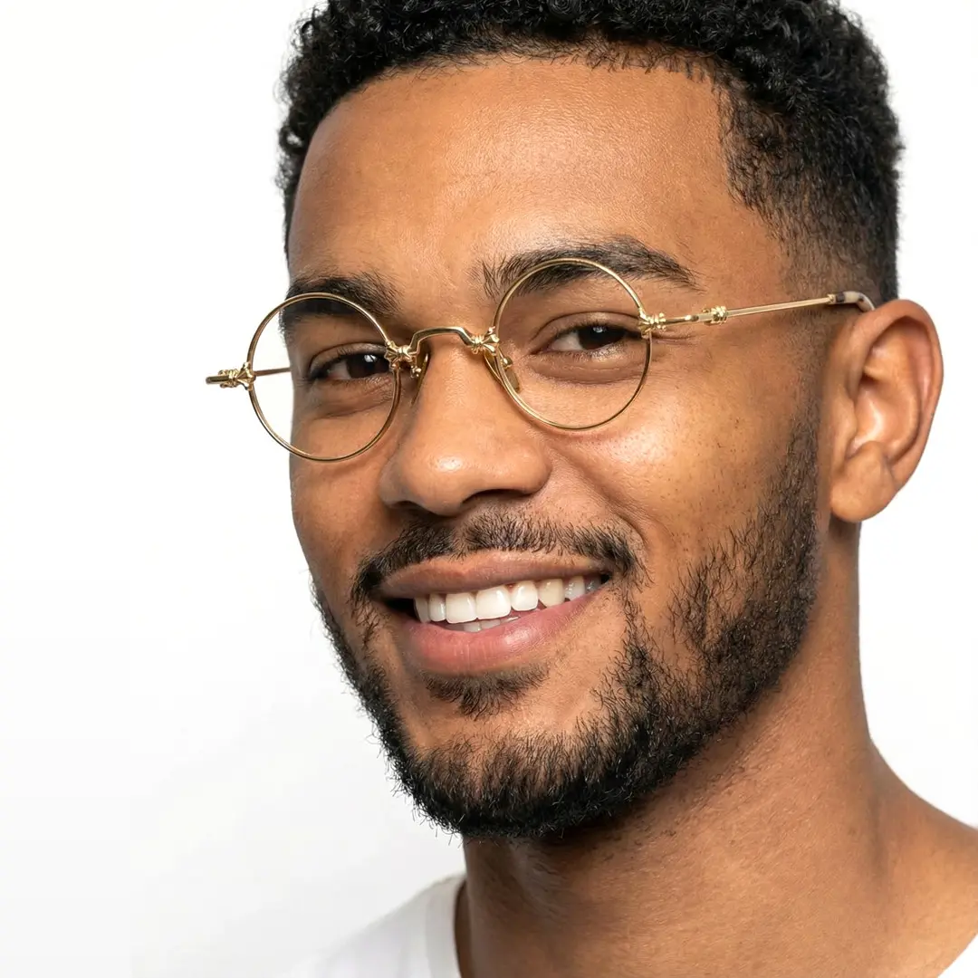 Profile view of male wearing john lennon gold round eyeglasses, smiling, RM0352505
