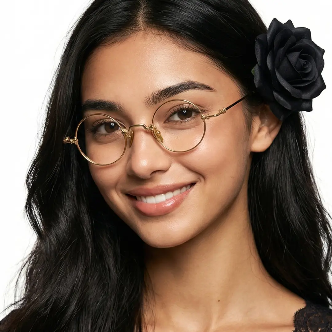 Tilted head view of female wearing john lennon gold round eyeglasses, natural smile, RM0352505