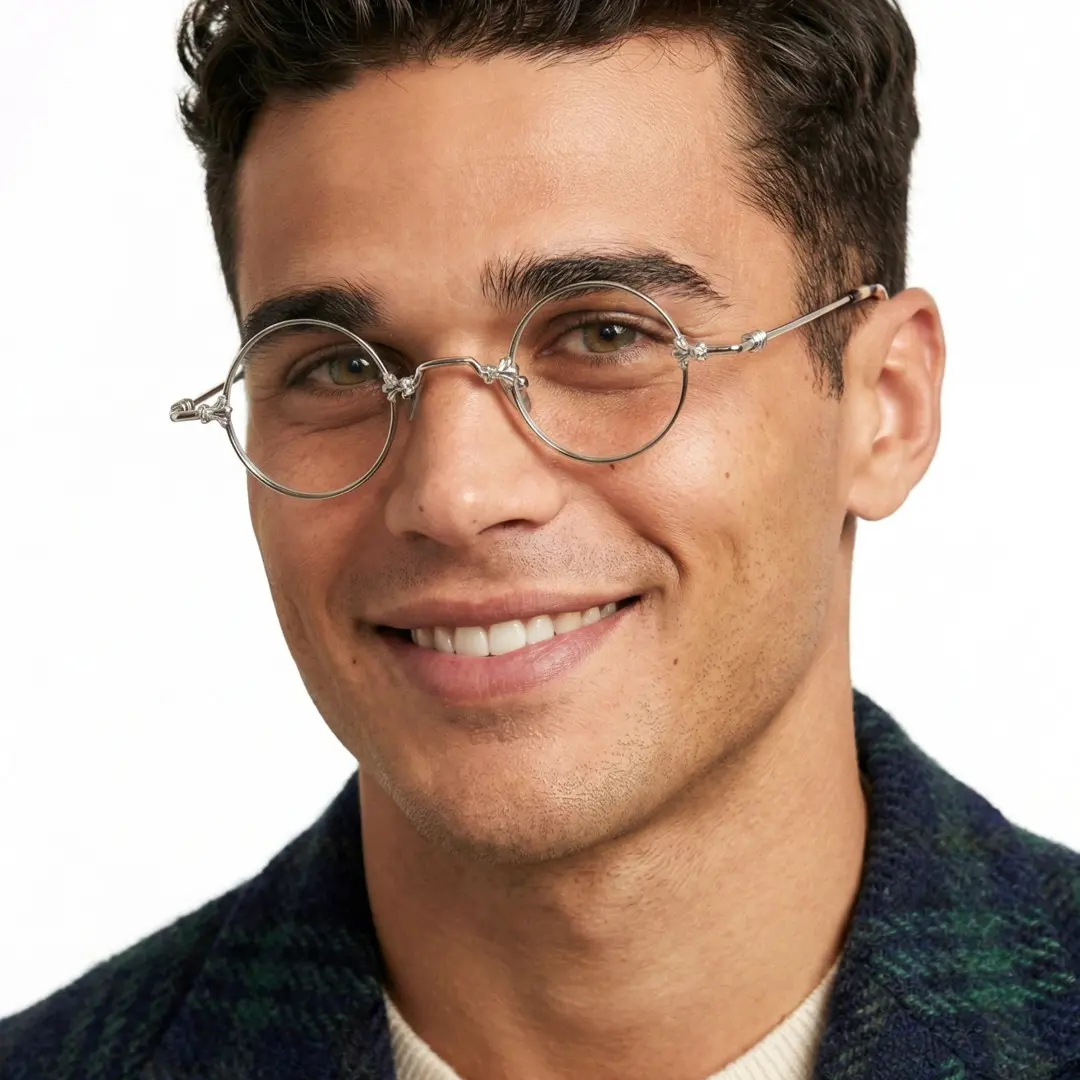 Profile view of male wearing silver round eyeglasses, smiling, RM0352505