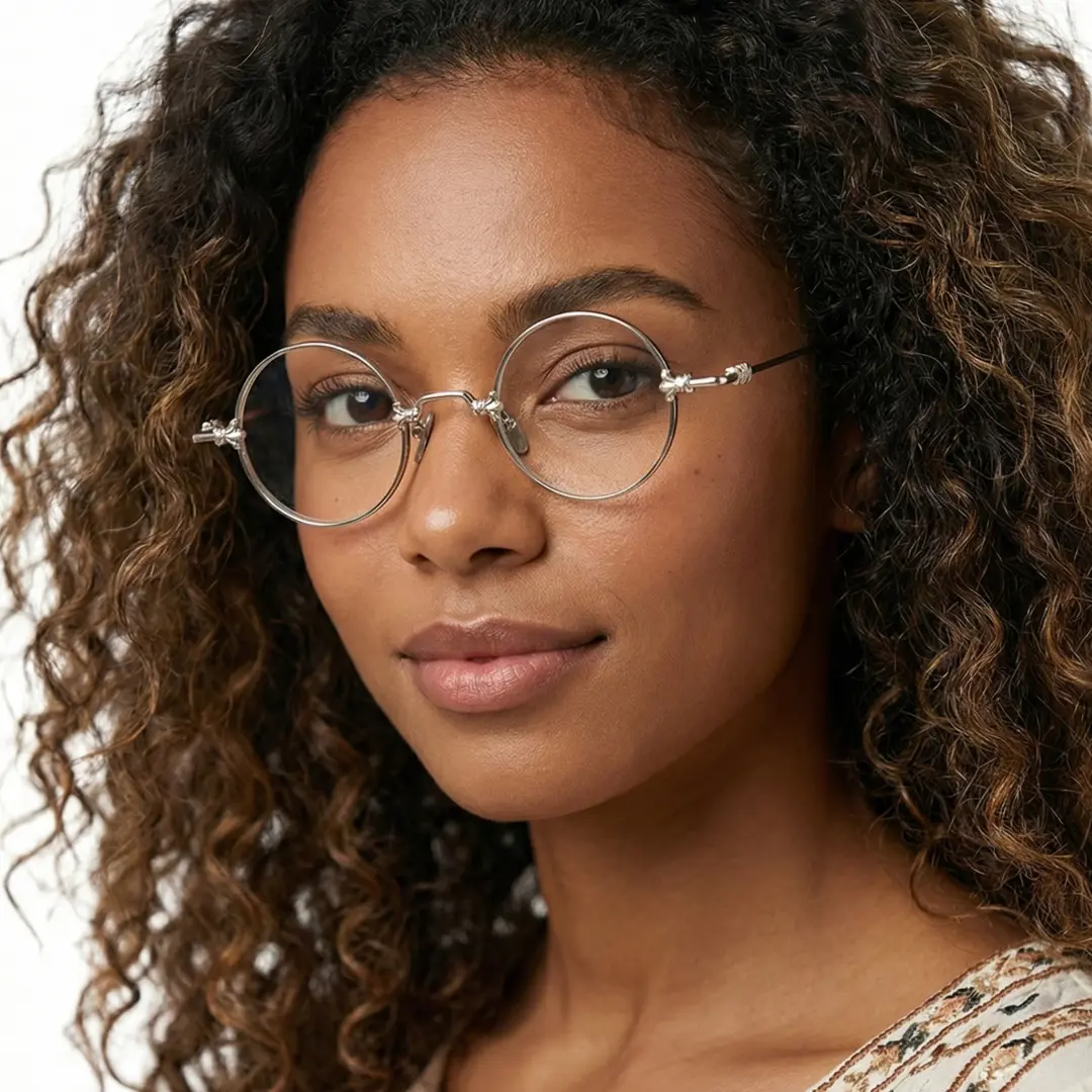 Slightly angled view of female wearing silver round eyeglasses, calm expression, RM0352505