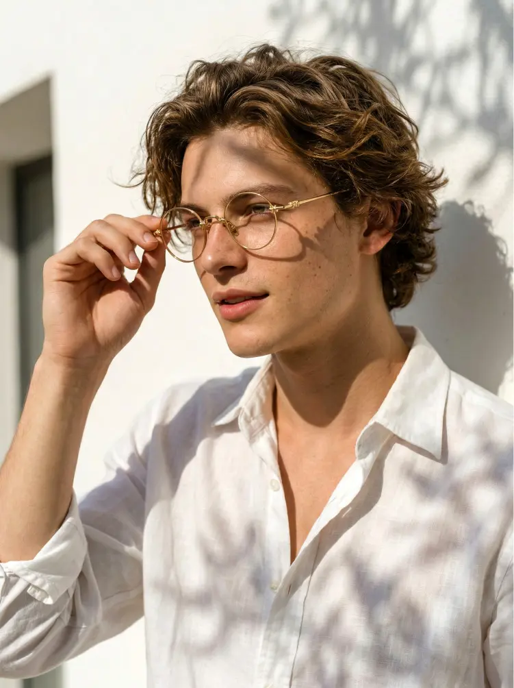 Male model wearing john lennon style gold round metal eyeglasses outdoors against a sunlit white wall. SPU: RM0352505