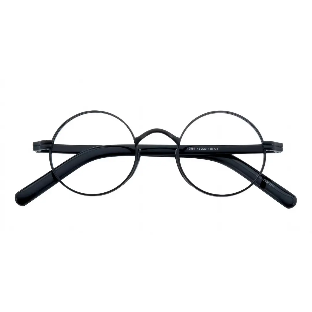 Front folded view of Sam vintage round metal eyeglasses RM0592302 in black