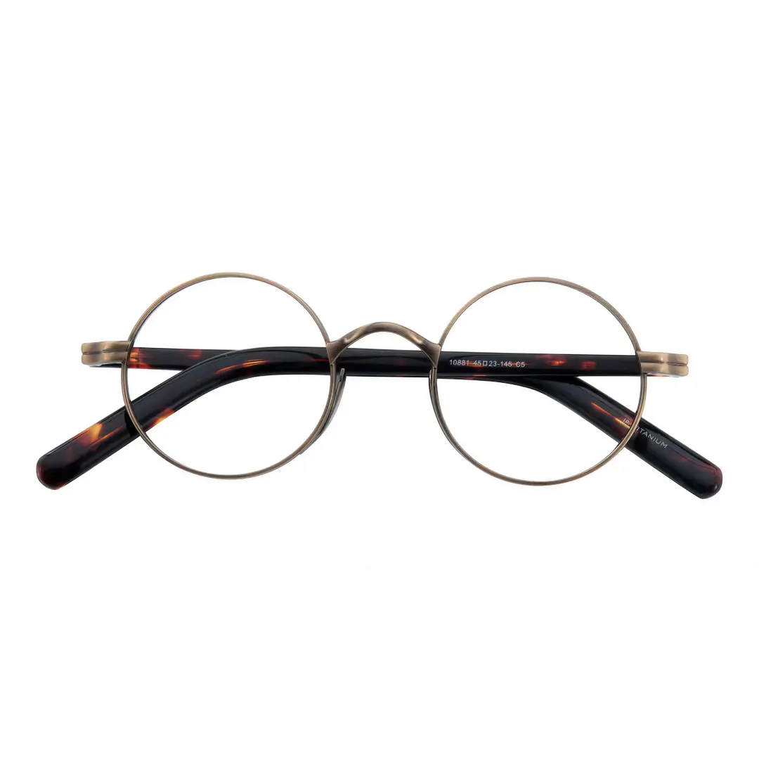 Front folded view of Sam round metal eyeglasses RM0592302 in bronze