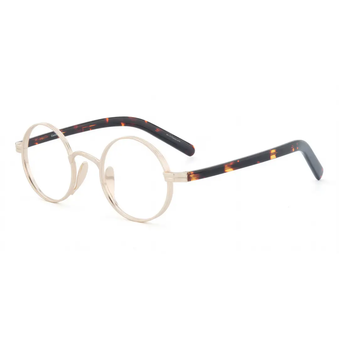 Angle view of Sam round metal eyeglasses RM0592302 in gold